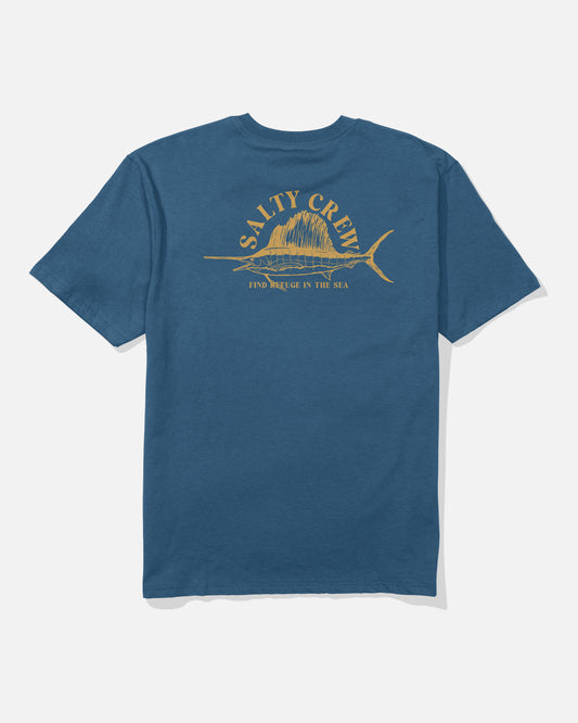 Introducing the Sailed Original Tee - Cast Blue by Salty Crew: a soft spun cotton t-shirt in blue, featuring a yellow screenprinted fish graphic with “SALTY CREW” above and “FIND REFUGE IN THE SEA” below, printed on the upper back.