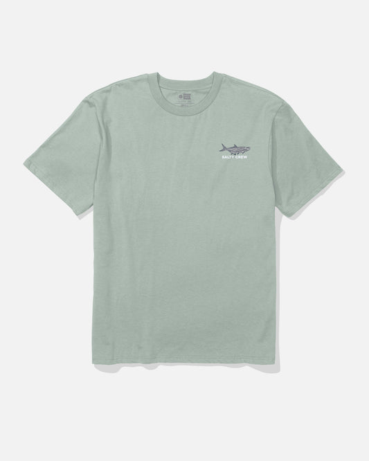 The Tarpon Original Tee by Salty Crew is a short-sleeve t-shirt in Aqua Grey, made from 100% soft spun cotton. It features a small screenprinted shark graphic with Salty Crew text on the left chest and is displayed against a plain white background.