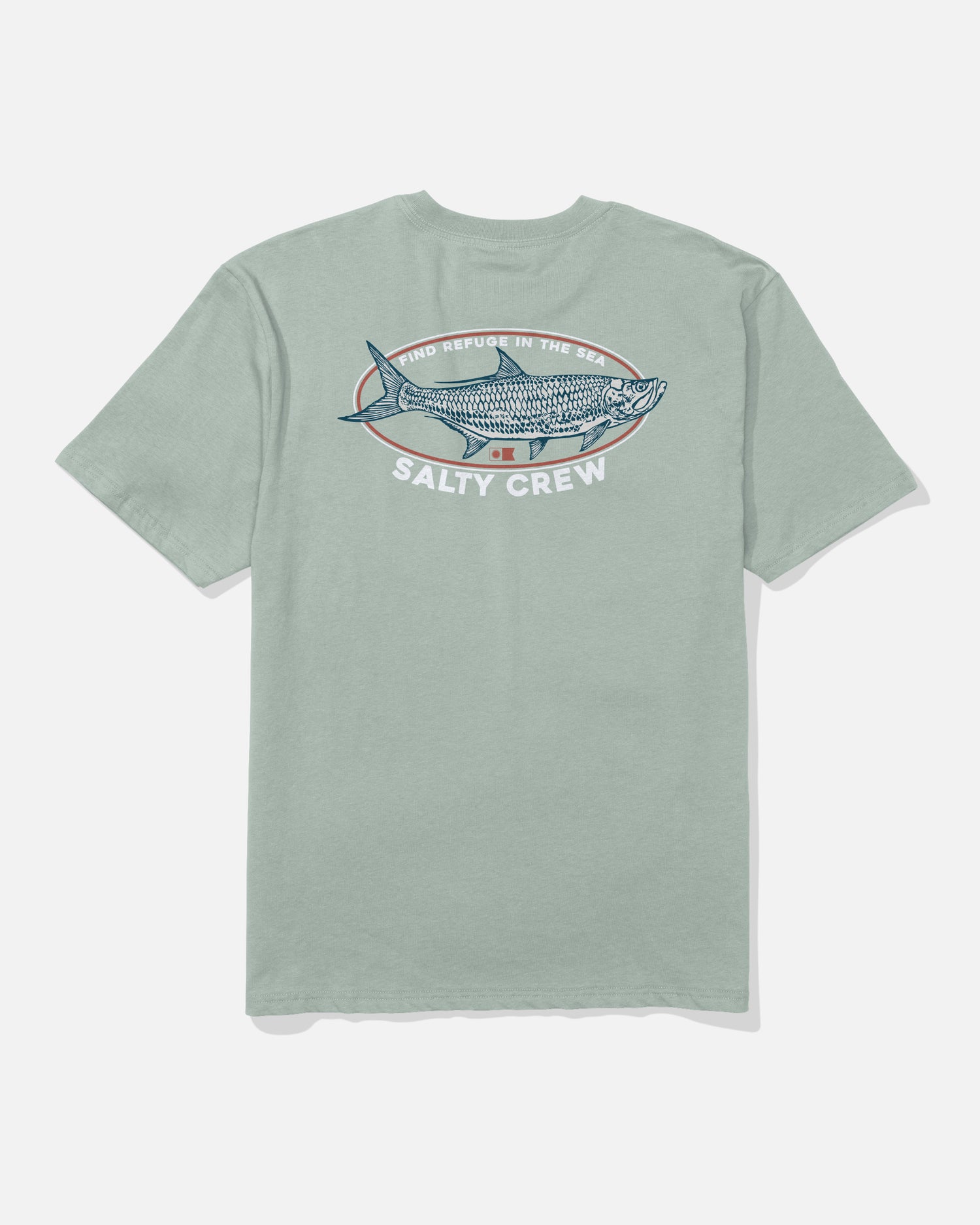 Aqua grey Tarpon Original Tee by Salty Crew, made from soft-spun 100% cotton, featuring a large screenprinted fish illustration on the back surrounded by “FIND REFUGE IN THE SEA” at the top and “SALTY CREW” at the bottom.
