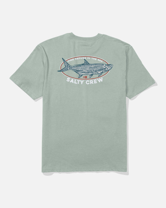 Aqua grey Tarpon Original Tee by Salty Crew, made from soft-spun 100% cotton, featuring a large screenprinted fish illustration on the back surrounded by “FIND REFUGE IN THE SEA” at the top and “SALTY CREW” at the bottom.