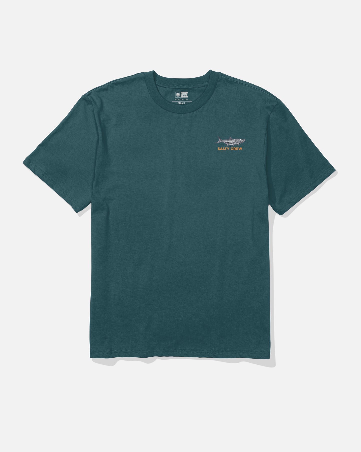 The Salty Crew Tarpon Original Tee in Atlantic Blue is a short-sleeve t-shirt crafted from 100% cotton with a soft spun feel, featuring a screenprinted small fish graphic and the words “Salty Crew” in yellow on the left chest. The shirt is laid flat on a white background.