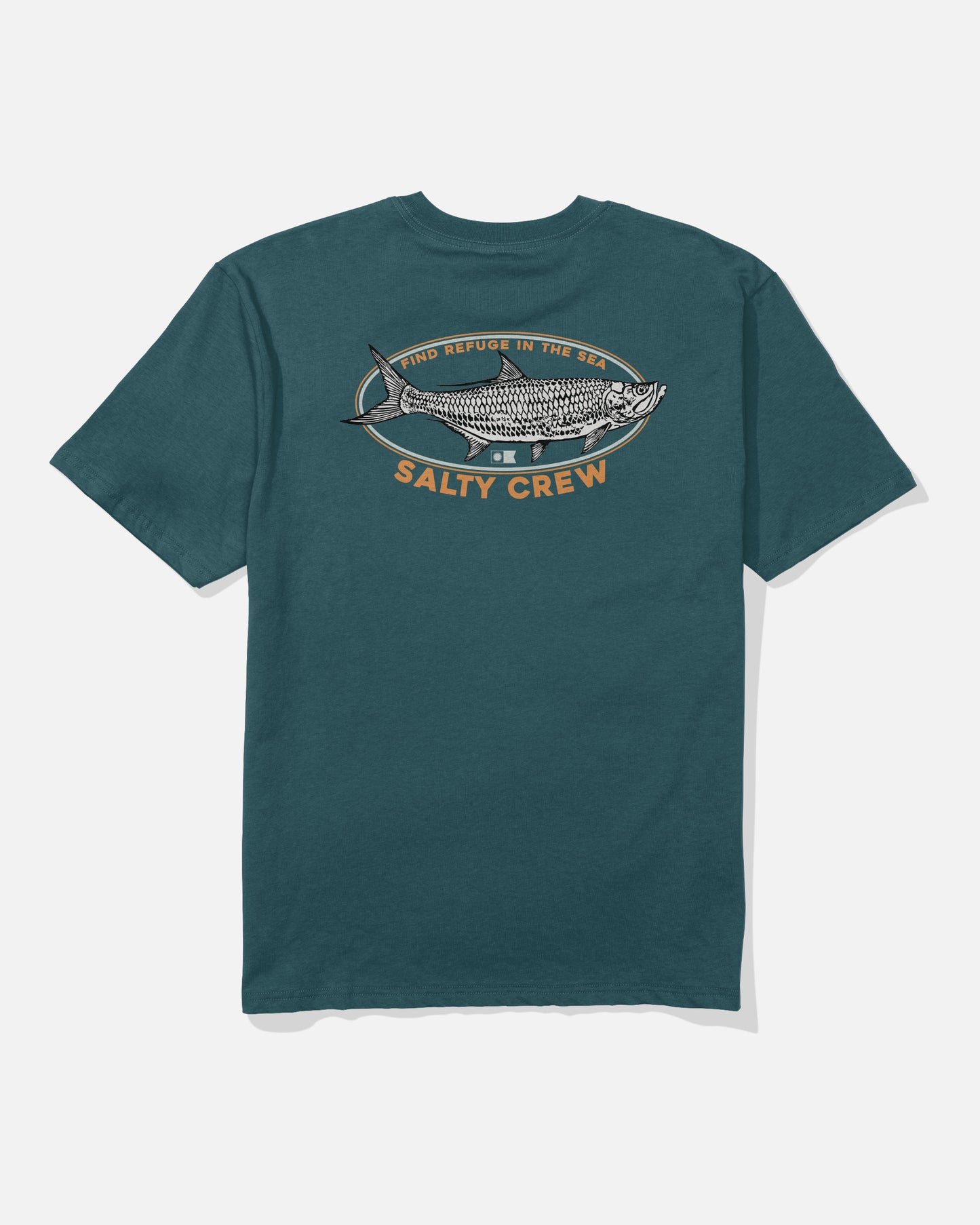 The Salty Crew Tarpon Original Tee in Atlantic Blue is made from 100% cotton and features a large screenprinted graphic of a fish along with the phrases “FIND REFUGE IN THE SEA” and “SALTY CREW” on the back.
