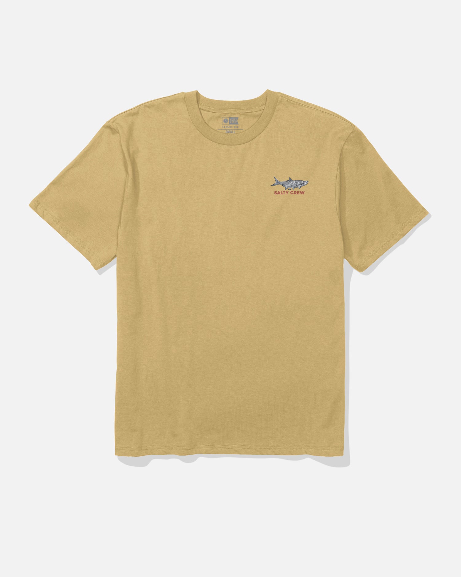 The Salty Crew Tarpon Original Tee in Mineral Yellow is made from 100% soft spun cotton and features a small screenprinted graphic of a fish along with the words “Salty Crew” on the left chest. The shirt is shown laid flat on a white background.