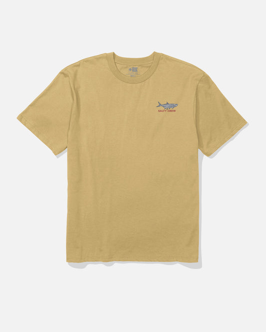 The Salty Crew Tarpon Original Tee in Mineral Yellow is made from 100% soft spun cotton and features a small screenprinted graphic of a fish along with the words “Salty Crew” on the left chest. The shirt is shown laid flat on a white background.