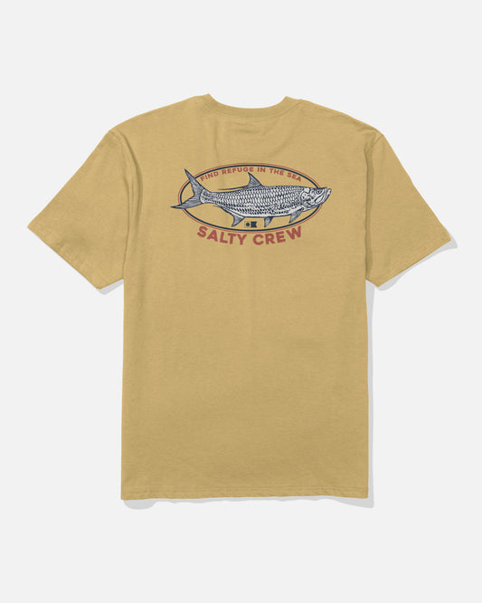 Salty Crew’s Tarpon Original Tee in Mineral Yellow is crafted from soft-spun, 100% cotton and features a bold screenprinted fish graphic on the back. Above the fish, “FIND REFUGE IN THE SEA” is printed, with SALTY CREW displayed in striking red lettering below.