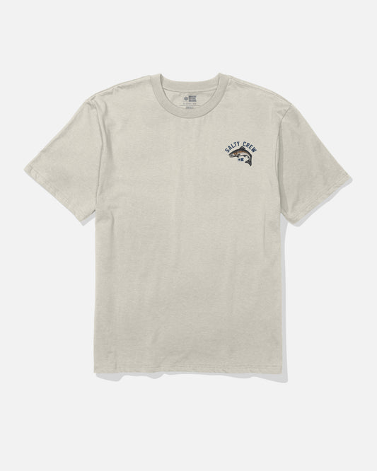 Bone short-sleeve Trout Original Tee by Salty Crew, crafted from 100% cotton soft spun fabric. Features a small Salty Crew logo and trout graphic screenprinted on the left chest. The shirt is laid flat on a white background.