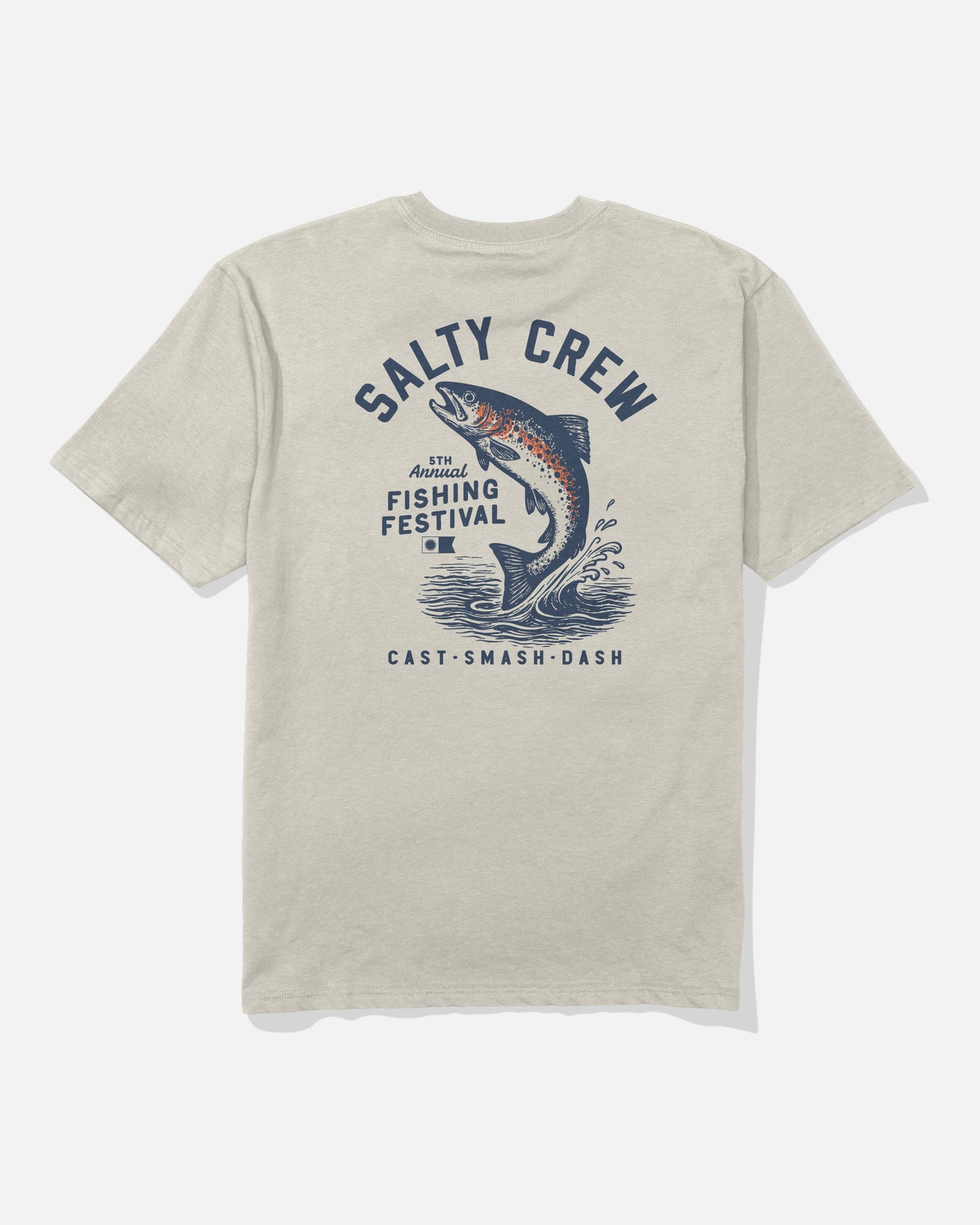 The Trout Original Tee - Bone by Salty Crew is made from 100% soft spun cotton and showcases a screenprinted graphic on the back of a leaping fish with water splashes and blue text reading: Salty Crew, Annual Fishing Festival, Cast Smash Dash.