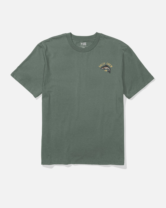 A green short-sleeve, soft spun cotton t-shirt—Salty Crew’s Trout Original Tee in Laurel Wreath—with a small, screenprinted Salty Crew logo and graphic on the left chest, displayed on a plain white background.