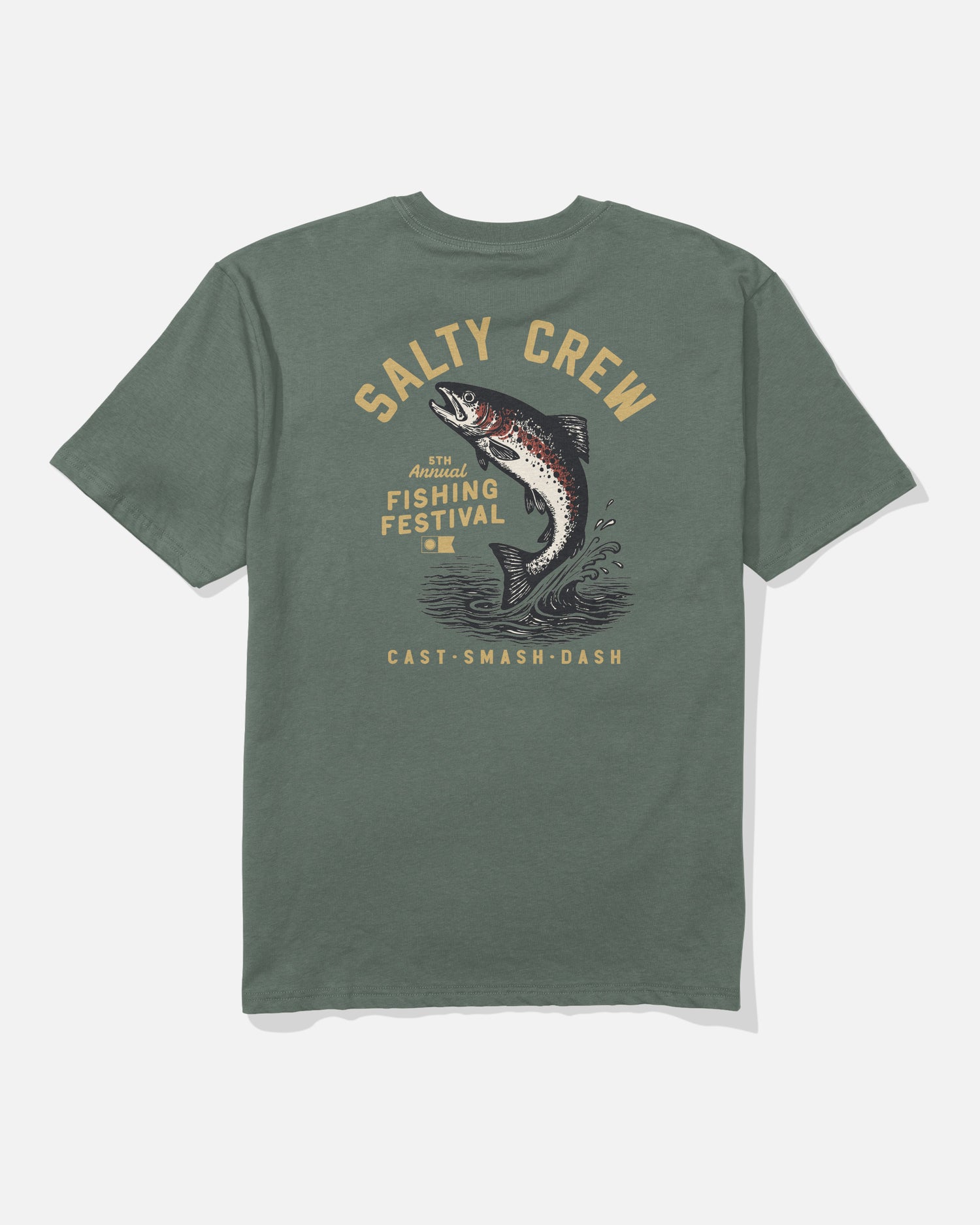 Laurel Wreath green cotton Trout Original Tee by Salty Crew featuring “Annual Fishing Festival” text and a jumping fish graphic screenprinted on the back, with the words “Cast • Smash • Dash” below.