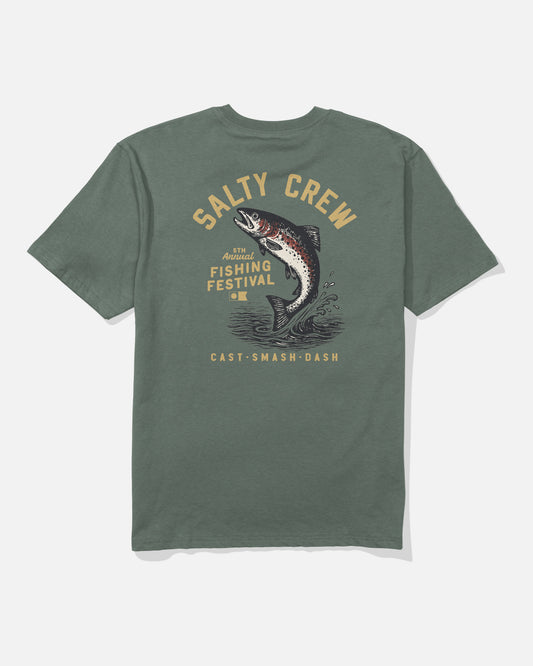 Laurel Wreath green cotton Trout Original Tee by Salty Crew featuring “Annual Fishing Festival” text and a jumping fish graphic screenprinted on the back, with the words “Cast • Smash • Dash” below.