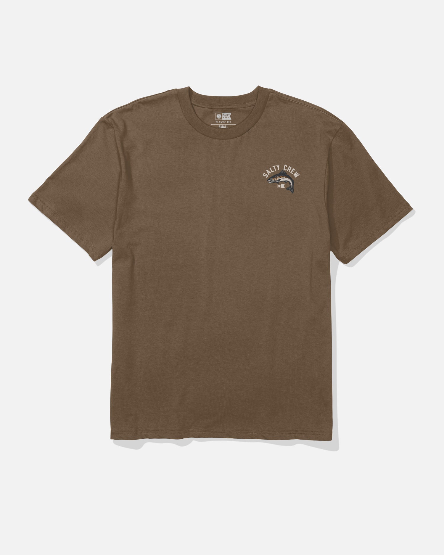 The Trout Original Tee in Sepia by Salty Crew is a brown, short-sleeve T-shirt featuring a small screenprinted Salty Crew logo and fish graphic on the left chest. Crafted from soft-spun, 100% cotton, the shirt is displayed laid flat on a white background.