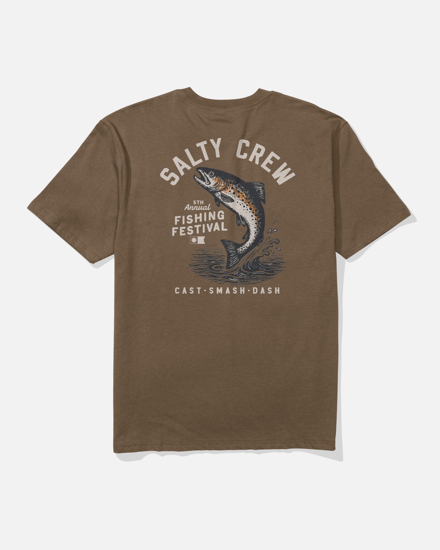 The Salty Crew Trout Original Tee in Sepia is a brown t-shirt made from 100% cotton and soft spun for ultimate comfort. The back features a large screenprinted design of a fish jumping and splashing water, with “Salty Crew” text above the graphic and “Annual Fishing Festival, Cast Smash Dash” below.