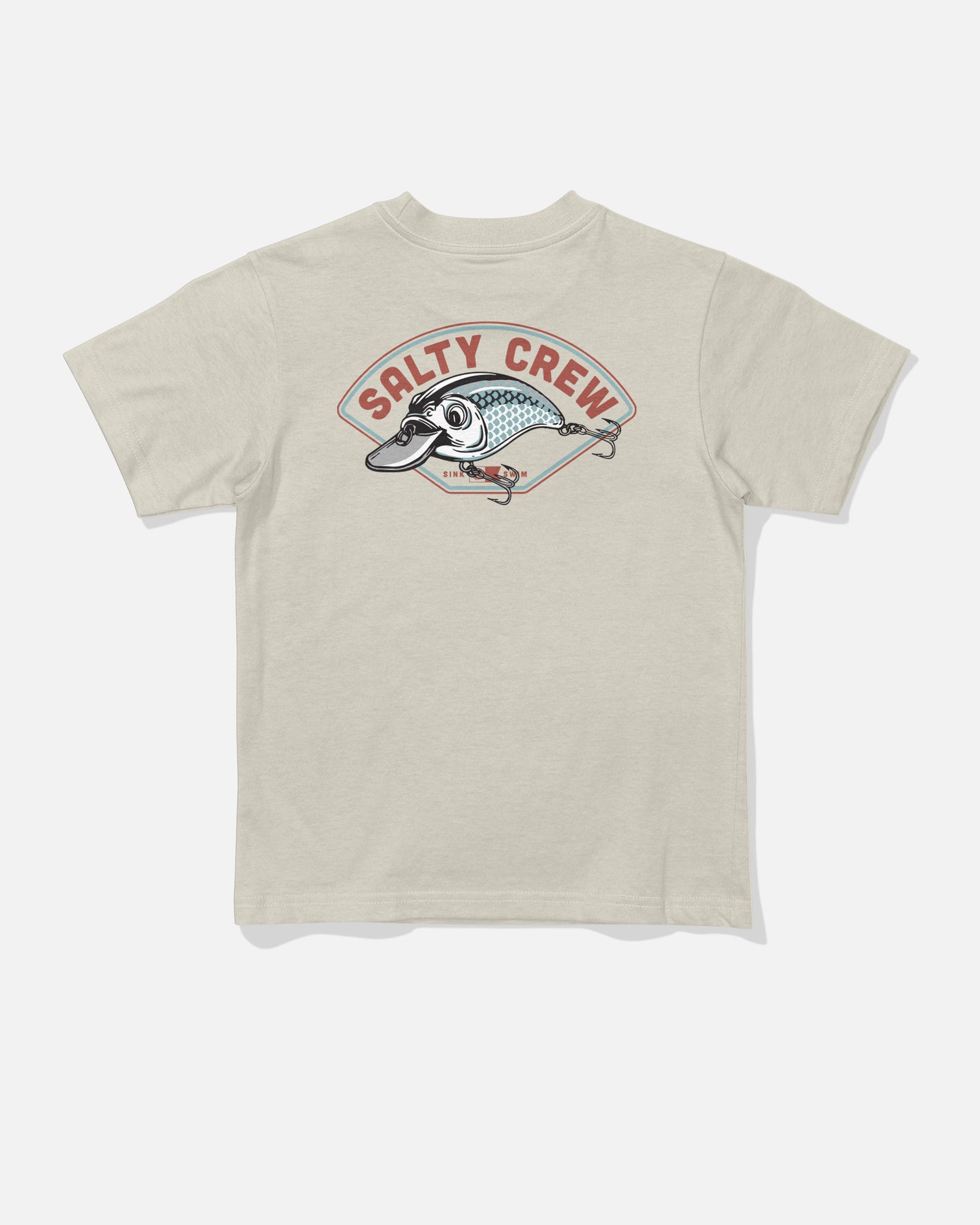 The Salty Crew Catch Me Toddler Tee in Bone is a beige combed ringspun cotton t-shirt featuring a large screenprinted fish graphic on the back with “Salty Crew” displayed in bold red lettering above it.
