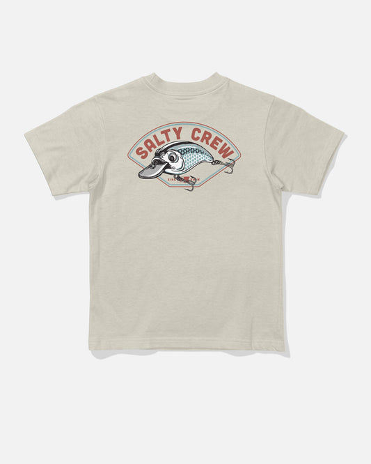 The Salty Crew Catch Me Toddler Tee in Bone is a beige combed ringspun cotton t-shirt featuring a large screenprinted fish graphic on the back with “Salty Crew” displayed in bold red lettering above it.