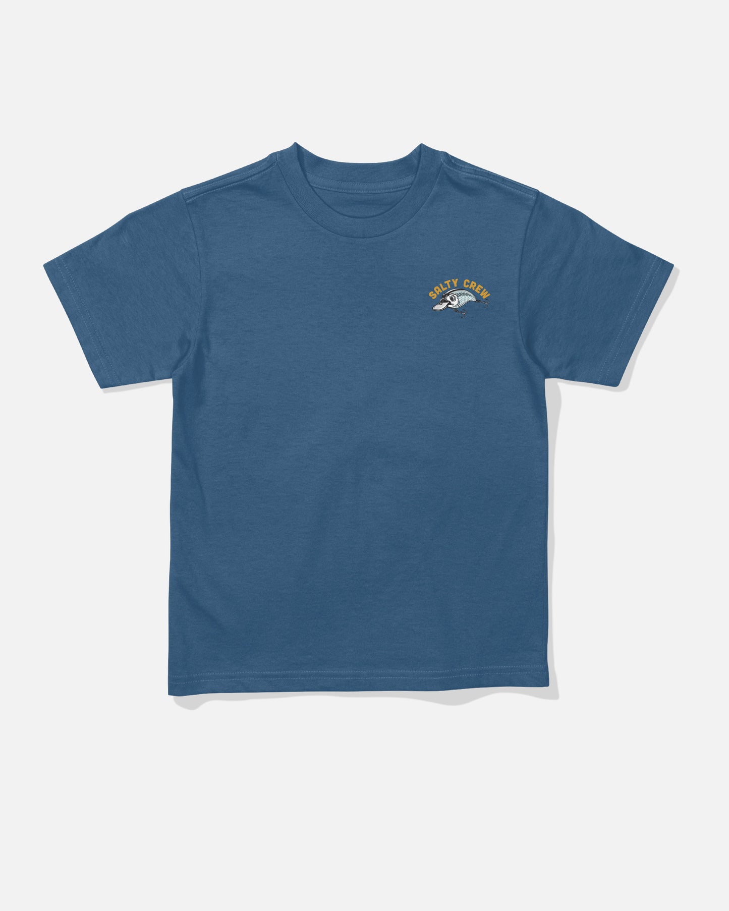 Catch Me Toddler Tee - Cast Blue by Salty Crew, a blue short-sleeve combed ringspun cotton t-shirt featuring a small screenprinted graphic and “Salty Crew” text on the left chest, displayed flat against a white background.