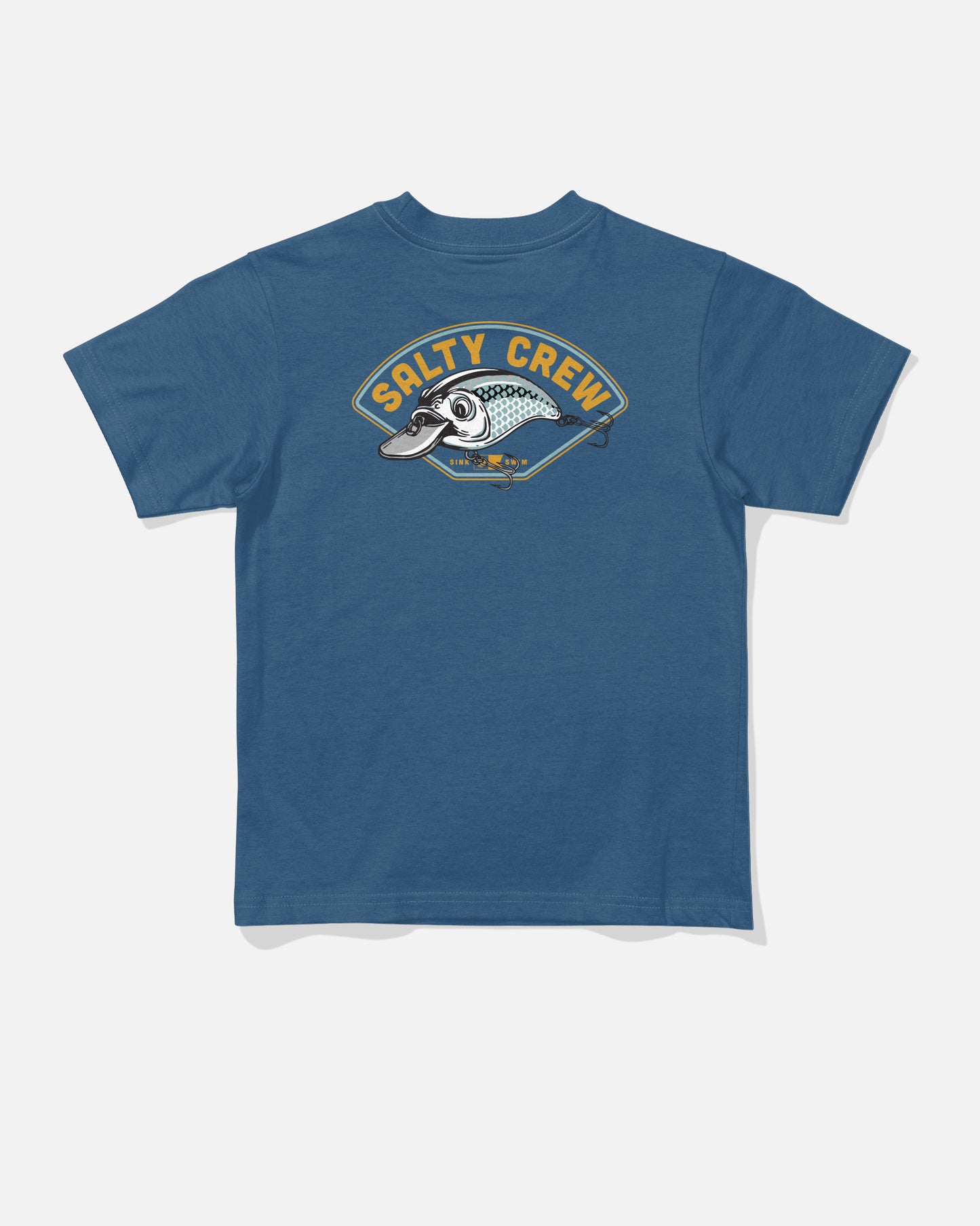 The Catch Me Toddler Tee in Cast Blue by Salty Crew features a soft combed ringspun cotton construction, with a bold badge-shaped logo and screenprinted stylized fish illustration in vivid yellow on the back.