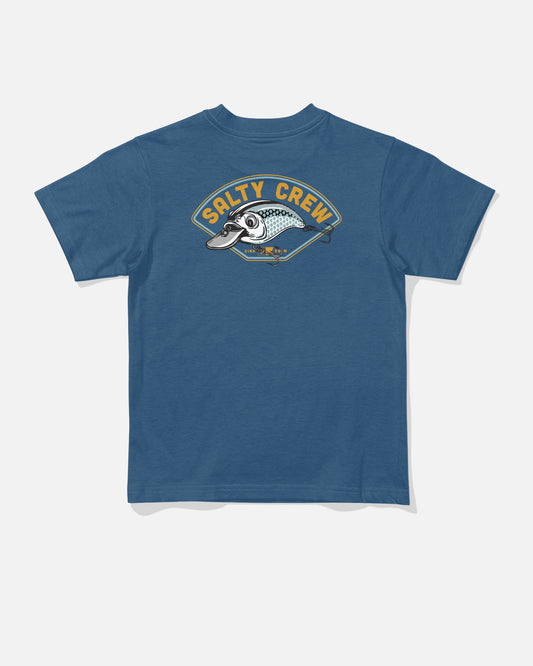 The Catch Me Toddler Tee in Cast Blue by Salty Crew features a soft combed ringspun cotton construction, with a bold badge-shaped logo and screenprinted stylized fish illustration in vivid yellow on the back.
