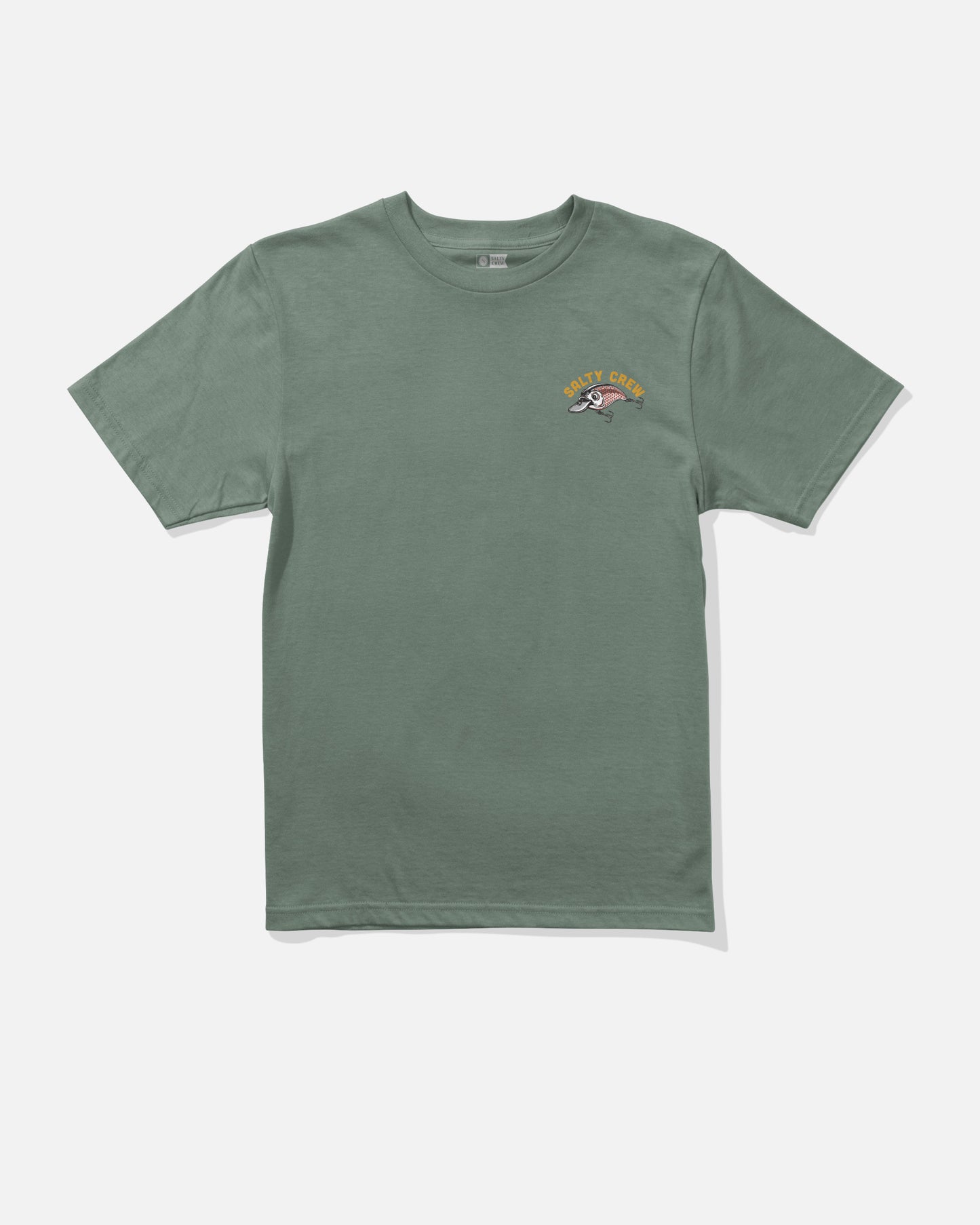 Salty Crew Catch Me Boys Tee in laurel wreath features short sleeves and a small screenprinted “Safety Crew” graphic on the left chest. Made from soft combed ringspun cotton for lasting comfort and durability, it’s displayed against a plain white background.