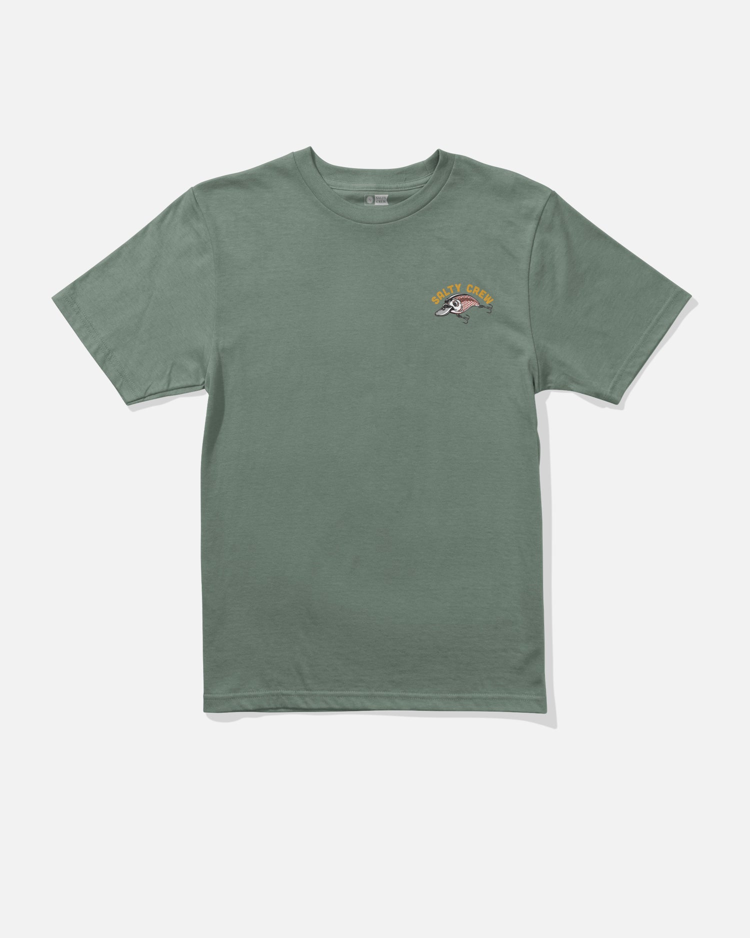 Salty Crew Catch Me Boys Tee in laurel wreath features short sleeves and a small screenprinted “Safety Crew” graphic on the left chest. Made from soft combed ringspun cotton for lasting comfort and durability, it’s displayed against a plain white background.