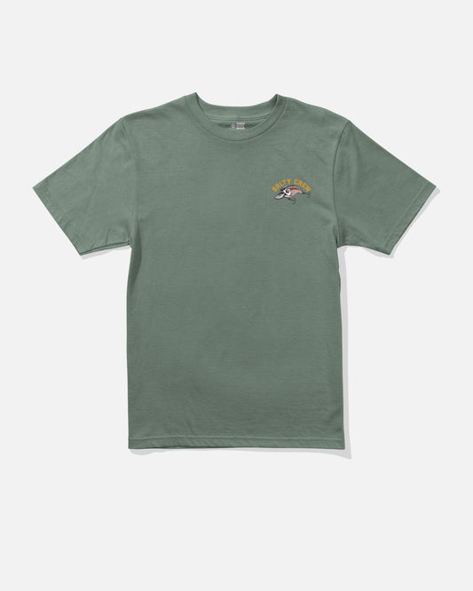 Salty Crew Catch Me Boys Tee in laurel wreath features short sleeves and a small screenprinted “Safety Crew” graphic on the left chest. Made from soft combed ringspun cotton for lasting comfort and durability, it’s displayed against a plain white background.