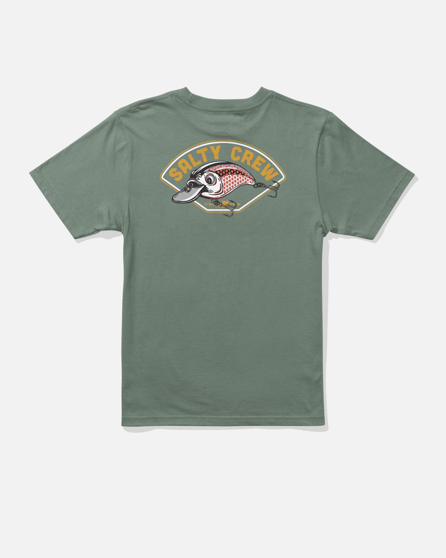 The Catch Me Boys Tee - Laurel Wreath by Salty Crew is a green short-sleeve screenprinted t-shirt featuring a fish graphic and the Salty Crew logo on the back. Made from combed ringspun cotton, this shirt is shown laid flat against a white background.