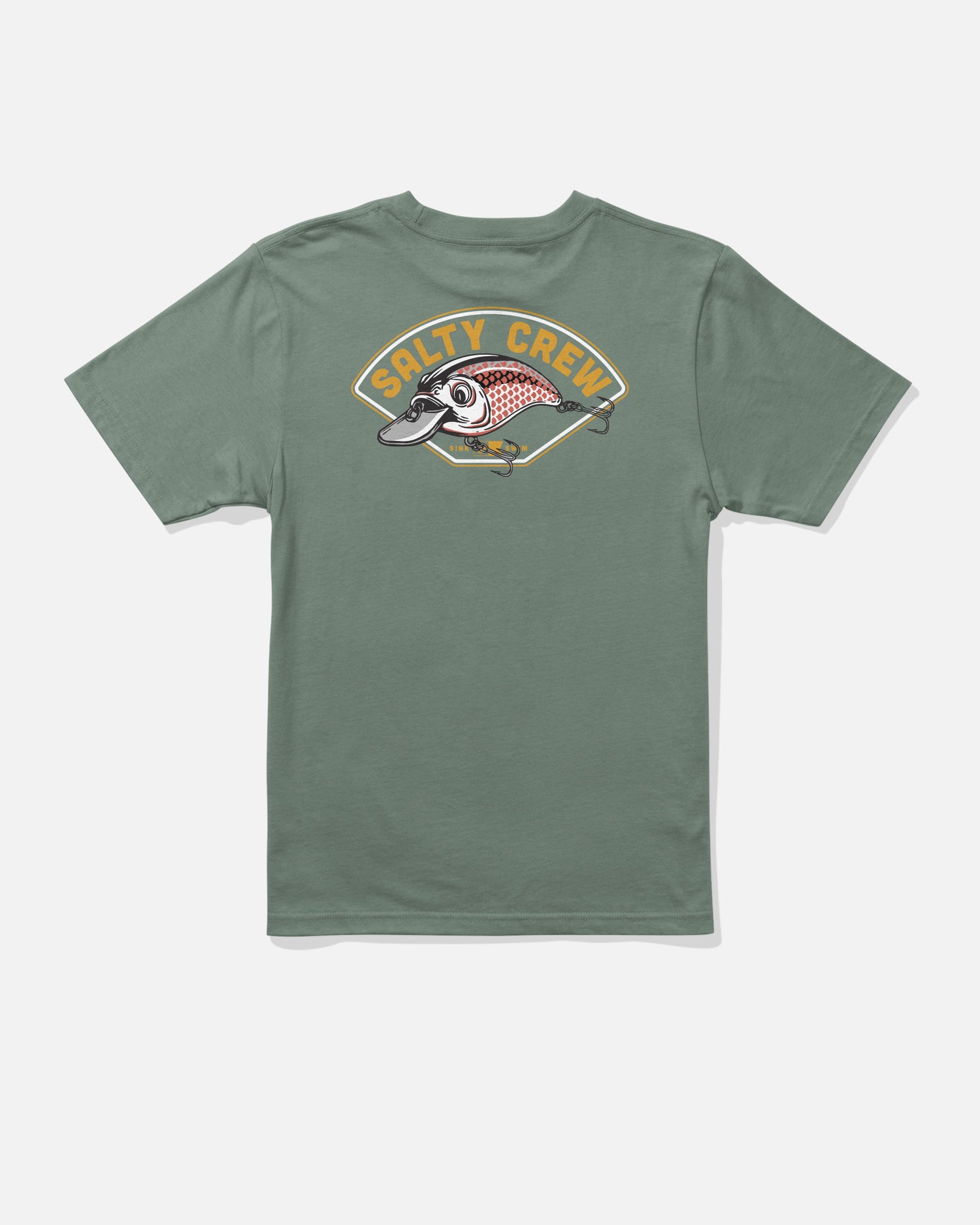 The Catch Me Boys Tee - Laurel Wreath by Salty Crew is a green short-sleeve screenprinted t-shirt featuring a fish graphic and the Salty Crew logo on the back. Made from combed ringspun cotton, this shirt is shown laid flat against a white background.