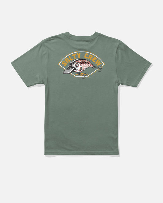 The Catch Me Boys Tee - Laurel Wreath by Salty Crew is a green short-sleeve screenprinted t-shirt featuring a fish graphic and the Salty Crew logo on the back. Made from combed ringspun cotton, this shirt is shown laid flat against a white background.