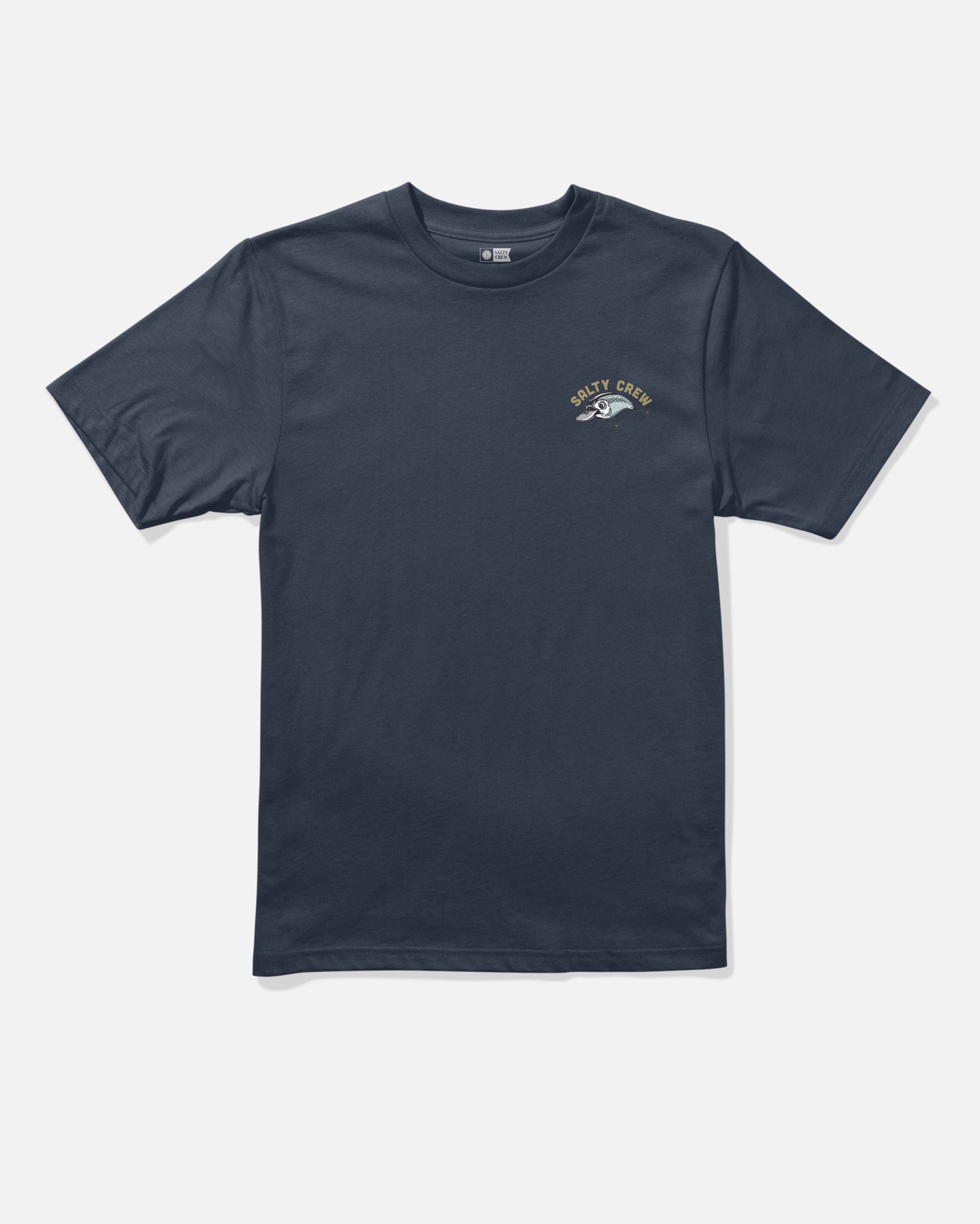The Salty Crew Catch Me Boys Tee in navy is a short-sleeve, crew neck t-shirt displayed on a plain light grey background. Crafted from soft combed ringspun cotton for durability and comfort, it features a small screenprinted fishing lure graphic and “SALTY CREW” in a curved gold font on the left chest.