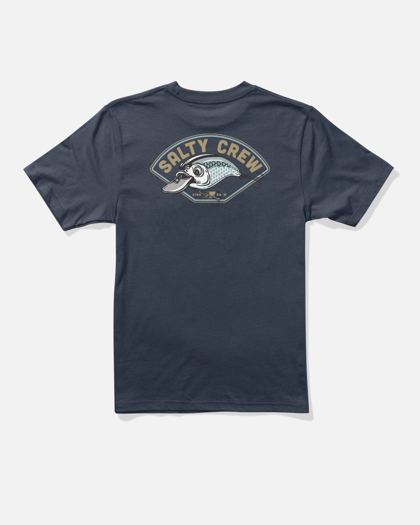 The Catch Me Boys Tee by Salty Crew is a navy blue T-shirt made from combed ringspun cotton, featuring a large vintage-inspired, nautical graphic of a fish and bold “Salty Crew” lettering on the back.