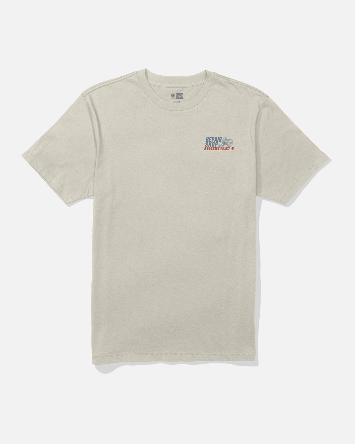Bone short-sleeve cotton Reel Repair Crew Tee by Salty Crew, featuring a small screenprinted graphic and text on the left chest. The shirt is laid flat on a plain white background.