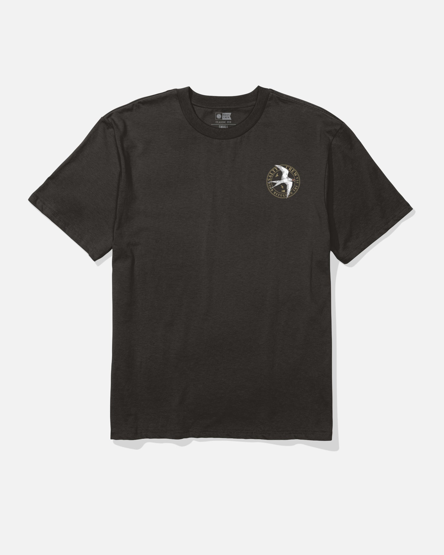The Salty Crew Tern Original Tee - Black is a short-sleeve soft spun cotton t-shirt featuring a small circular screenprinted white bird logo on the left chest, displayed laid flat on a white background.