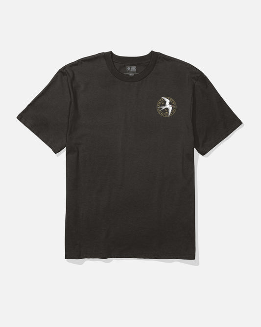 The Salty Crew Tern Original Tee - Black is a short-sleeve soft spun cotton t-shirt featuring a small circular screenprinted white bird logo on the left chest, displayed laid flat on a white background.