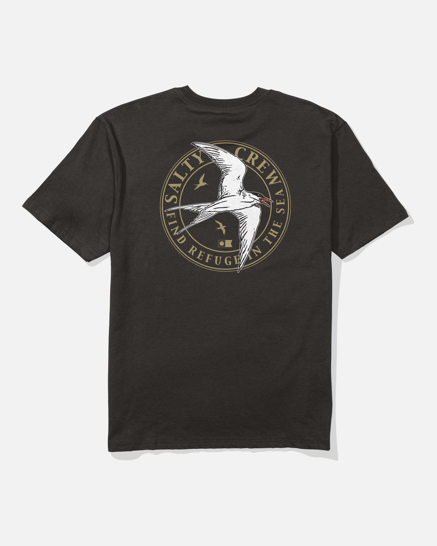 The Tern Original Tee - Black by Salty Crew is a soft, spun cotton t-shirt featuring a large, circular screenprinted logo on the back with a flying seabird, two smaller birds, and the words “SALTY CREW” and “FIND REFUGE IN THE SEA” in gold lettering.