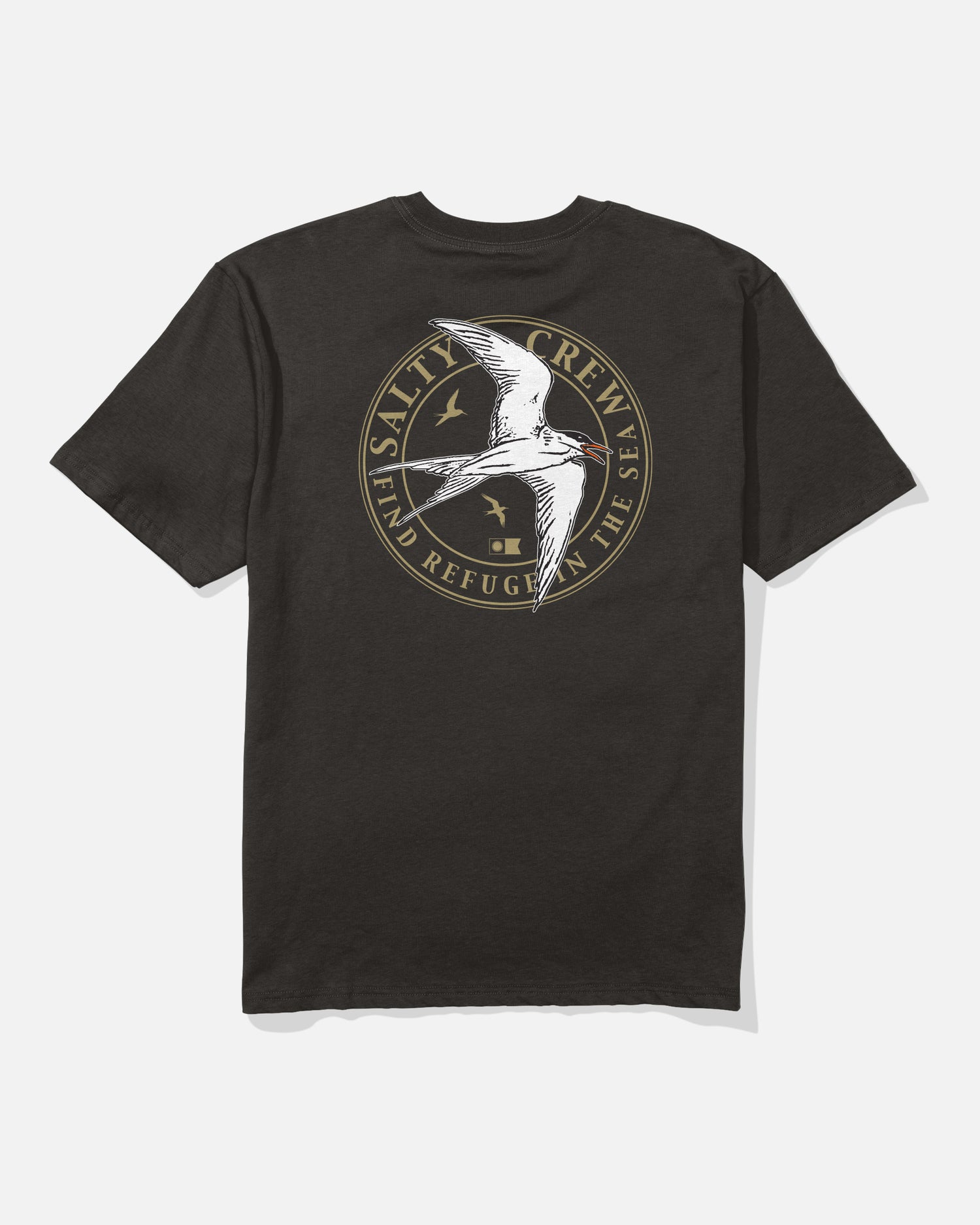 The Tern Original Tee - Black by Salty Crew is a soft, spun cotton t-shirt featuring a large, circular screenprinted logo on the back with a flying seabird, two smaller birds, and the words “SALTY CREW” and “FIND REFUGE IN THE SEA” in gold lettering.