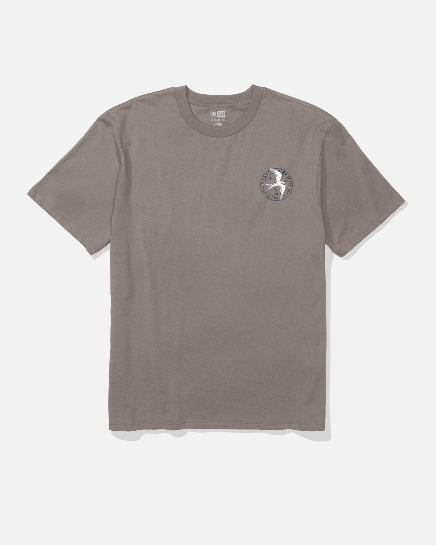 A plain gray cotton Salty Crew Tern Original Tee - Cinder, featuring a small circular logo with a white unicorn and the words “Unicorn Club” screenprinted on the left chest for lasting quality.