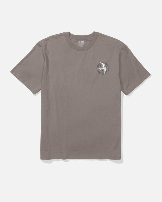 A plain gray cotton Salty Crew Tern Original Tee - Cinder, featuring a small circular logo with a white unicorn and the words “Unicorn Club” screenprinted on the left chest for lasting quality.