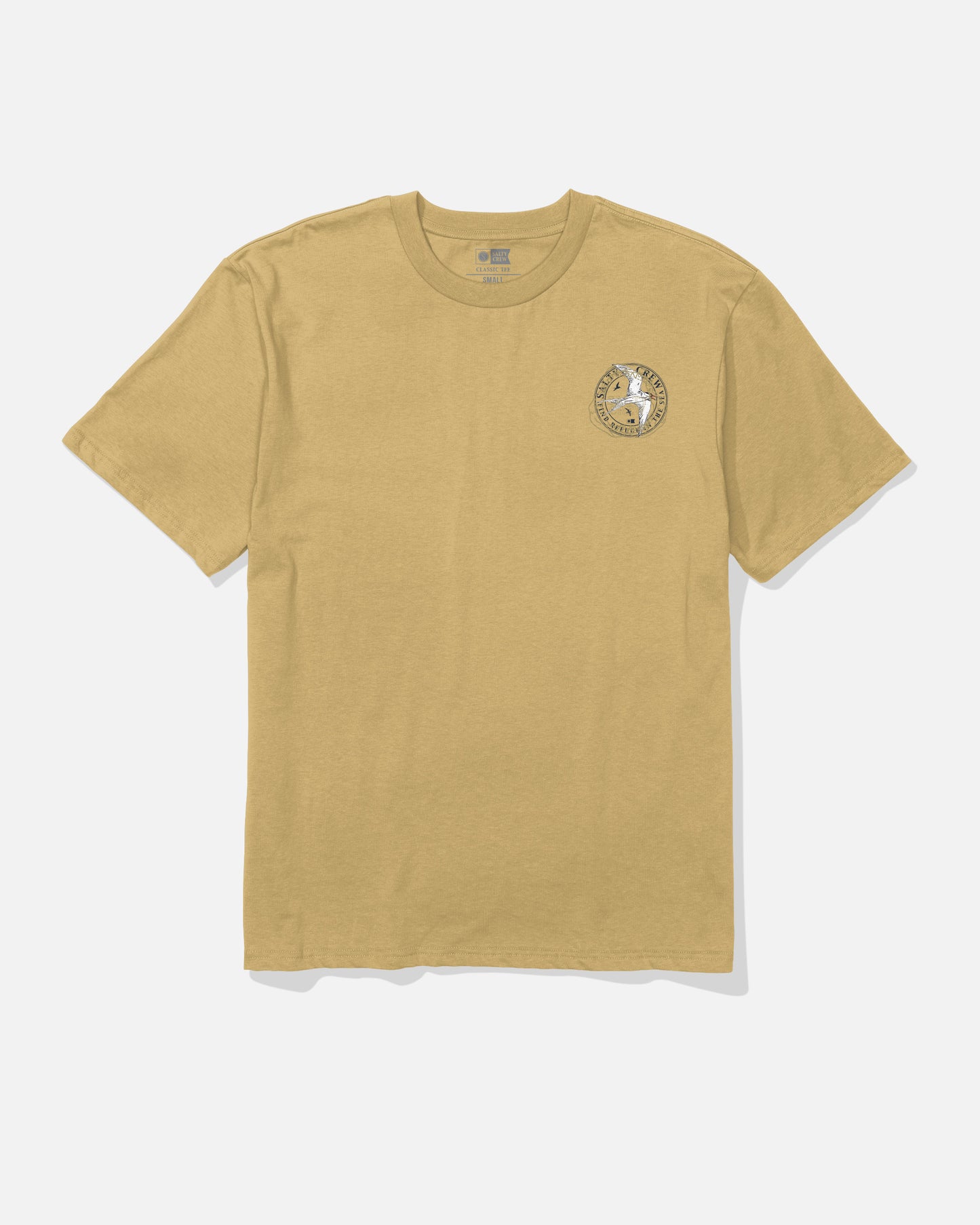 The Salty Crew Tern Original Tee in Mineral Yellow is a soft spun, short-sleeve cotton t-shirt featuring a small circular screenprinted graphic and text logo on the left chest. The shirt is shown laid flat on a white background.