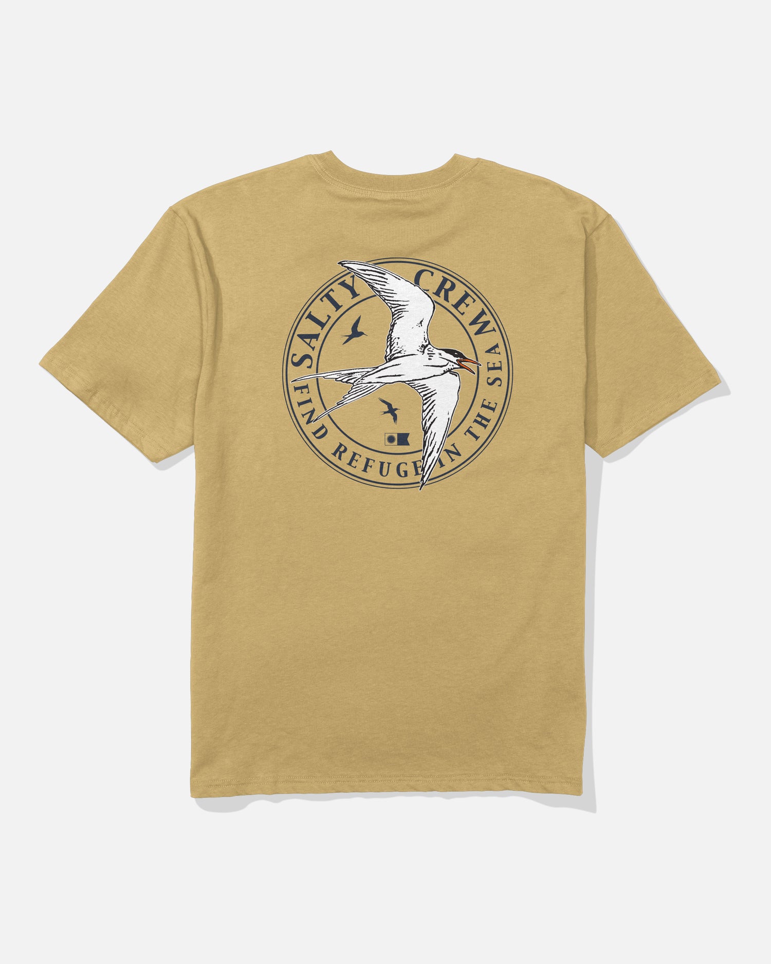 The Salty Crew Tern Original Tee in Mineral Yellow features a circular, screenprinted logo on the back depicting a flying bird with two smaller birds and the text “Salty Crew” and “Find Refuge in the Sea.” Crafted from soft spun cotton for ultimate comfort.