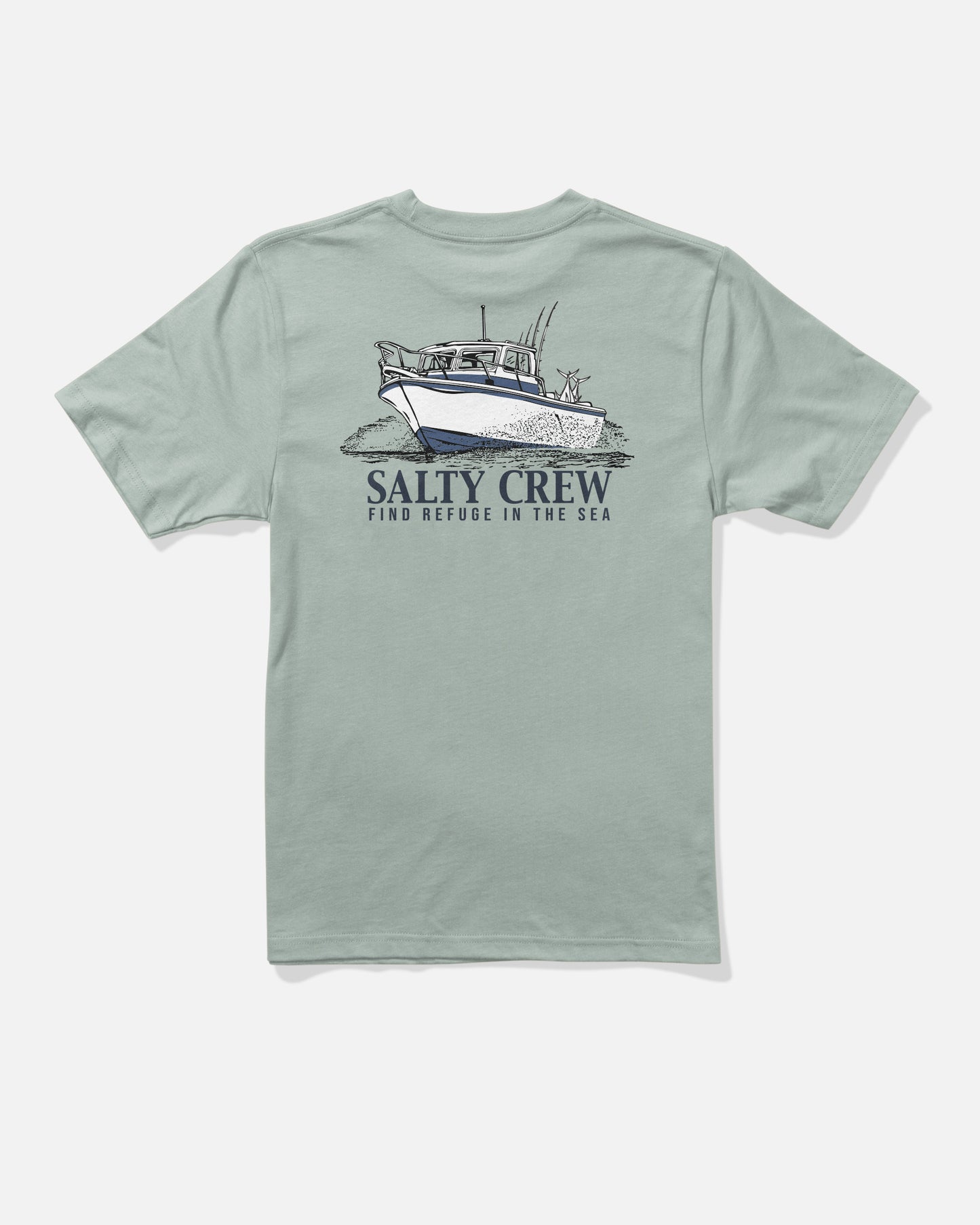Aqua grey Throttle Boys Tee by Salty Crew featuring a screenprinted graphic of a fishing boat and the text “SALTY CREW FIND REFUGE IN THE SEA” on the back.
