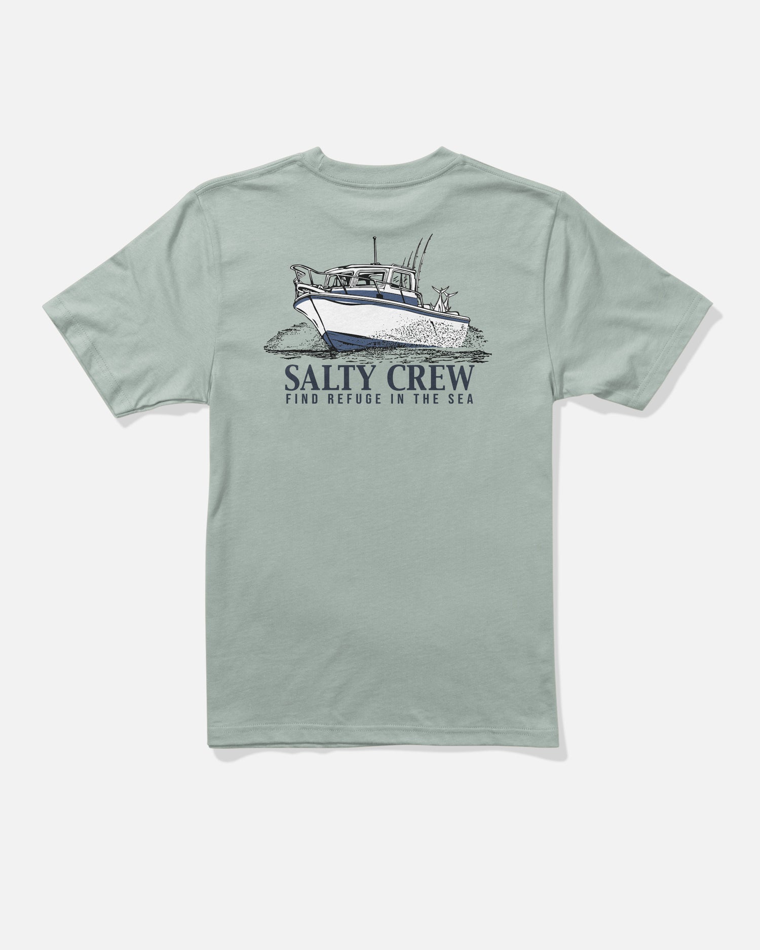 Aqua grey Throttle Boys Tee by Salty Crew featuring a screenprinted graphic of a fishing boat and the text “SALTY CREW FIND REFUGE IN THE SEA” on the back.