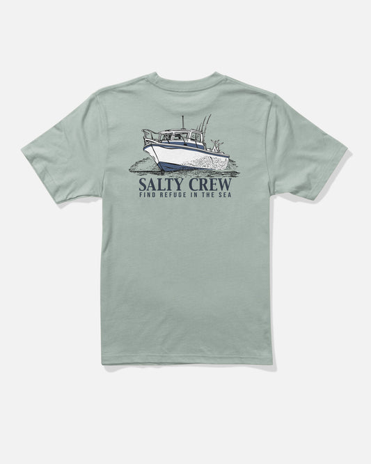 Aqua grey Throttle Boys Tee by Salty Crew featuring a screenprinted graphic of a fishing boat and the text “SALTY CREW FIND REFUGE IN THE SEA” on the back.