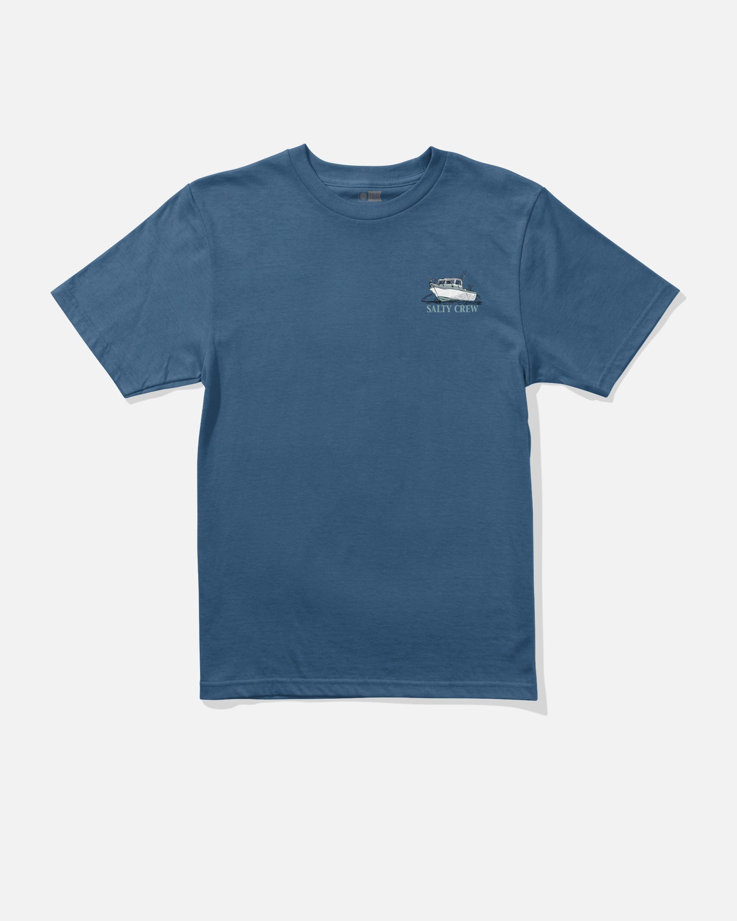 The Throttle Boys Tee - Cast Blue by Salty Crew is a blue short-sleeve combed ringspun cotton t-shirt, featuring a small white Salty Crew logo and a boat graphic screenprinted on the left chest. The shirt is shown laid flat against a white background.