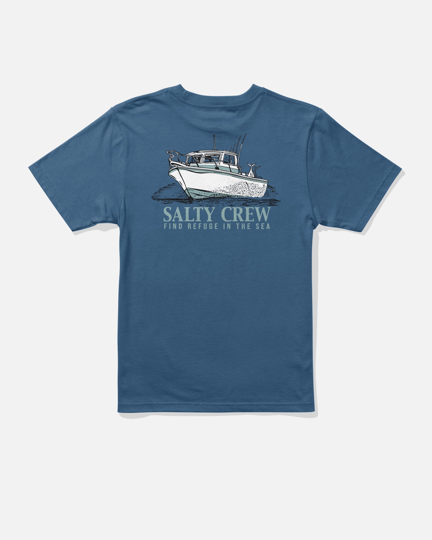 Throttle Boys Tee - Cast Blue by Salty Crew: a blue, screenprinted cotton t-shirt featuring an illustration of a fishing boat on the back, with “SALTY CREW” and “FIND REFUGE IN THE SEA” text below.