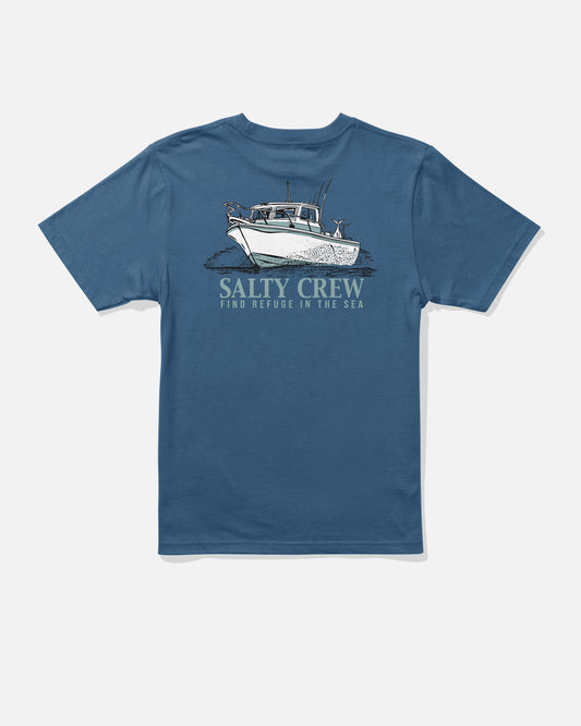 Throttle Boys Tee - Cast Blue by Salty Crew: a blue, screenprinted cotton t-shirt featuring an illustration of a fishing boat on the back, with “SALTY CREW” and “FIND REFUGE IN THE SEA” text below.