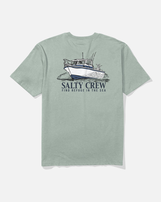 Aqua grey Throttle Original Tee by Salty Crew, crafted from soft spun 100% cotton and featuring a screenprinted illustration of a boat on water. The design includes “SALTY CREW” in bold lettering beneath the image, with the phrase “FIND REFUGE IN THE SEA” displayed below the brand name.