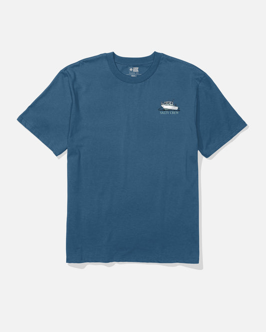 Throttle Original Tee - Cast Blue by Salty Crew, a soft spun cotton short-sleeve shirt in blue, featuring a small screenprinted boat graphic and the words “Salty Crew” on the left chest. Shown laid flat on a white background.