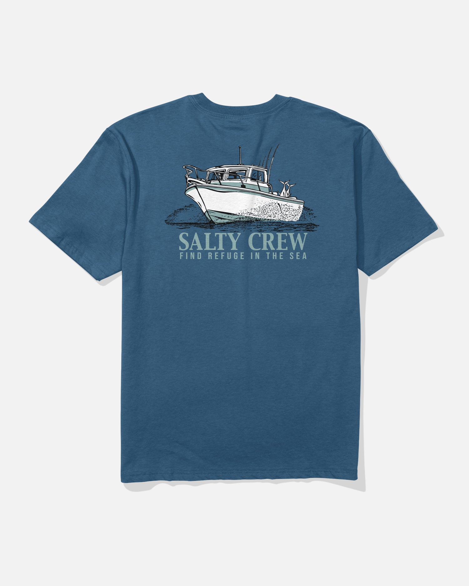 Throttle Original Tee - Cast Blue by Salty Crew: Soft spun cotton t-shirt in blue, featuring a screenprinted illustration of a fishing boat on the back above the words “SALTY CREW” and “FIND REFUGE IN THE SEA.”.