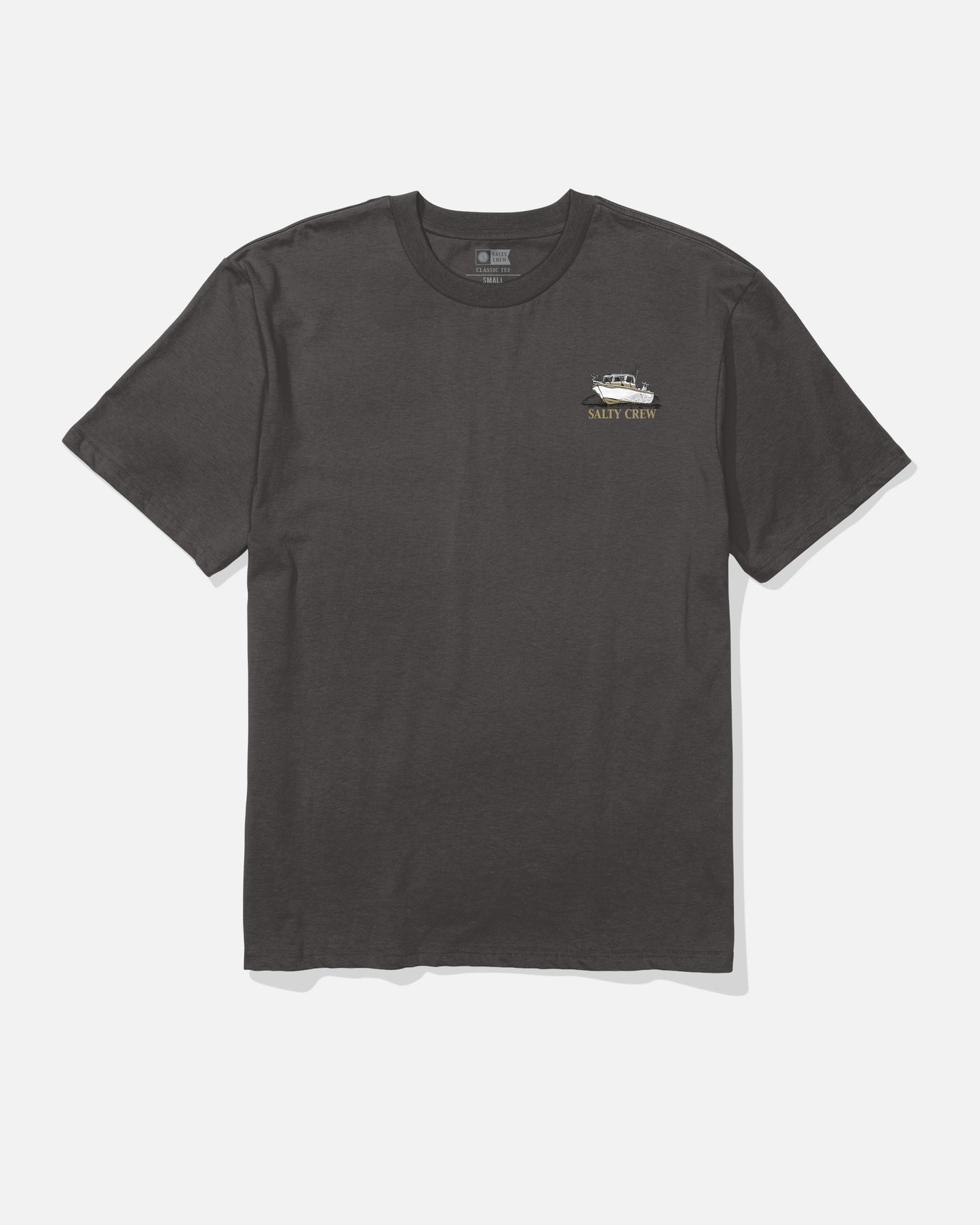 A dark grey short-sleeve t-shirt, the Throttle Original Tee by Salty Crew, crafted from soft spun 100% cotton and finished with a small screenprinted graphic of a boat and the words “Salty Crew” on the upper left chest.
