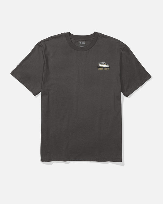 A dark grey short-sleeve t-shirt, the Throttle Original Tee by Salty Crew, crafted from soft spun 100% cotton and finished with a small screenprinted graphic of a boat and the words “Salty Crew” on the upper left chest.