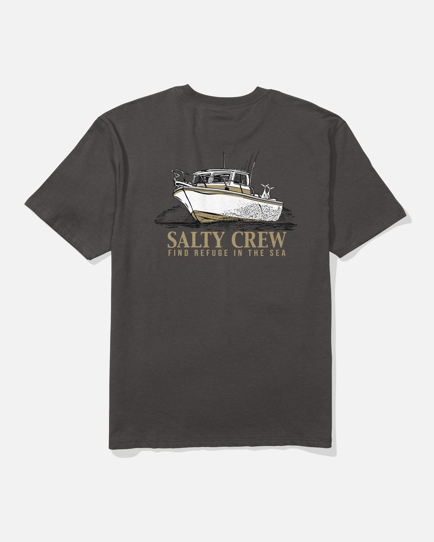 The Throttle Original Tee by Salty Crew is a dark grey t-shirt made from soft spun, 100% cotton, featuring a screenprinted graphic of a fishing boat and a dog on the back, with “SALTY CREW” and “FIND REFUGE IN THE SEA” printed in yellow and white lettering.